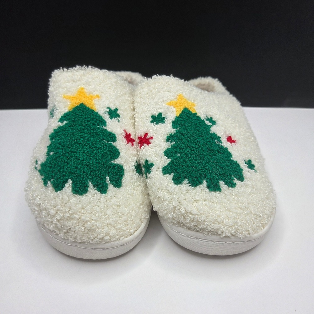 Christmas Tree Slippers S/M 7-8 White Sherpa Holiday House Shoes NEW